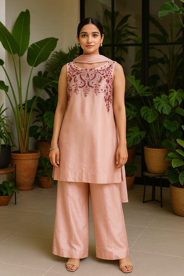 Pastel pink hand embroidered 3 piece
