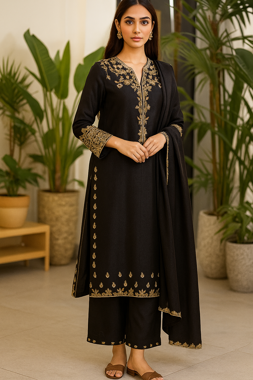 Black hand embroidered 3 piece