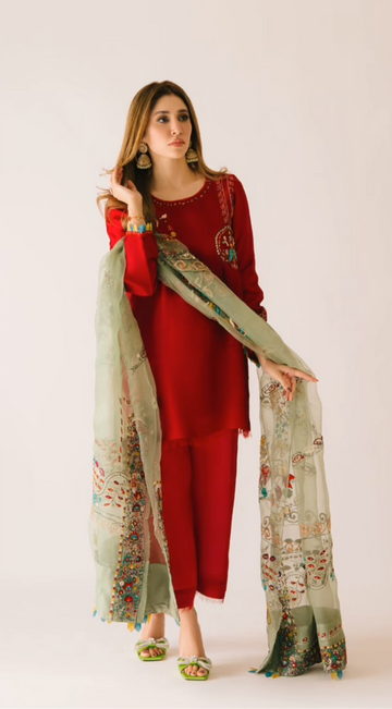 Red Maroon hand embroidered 3 piece