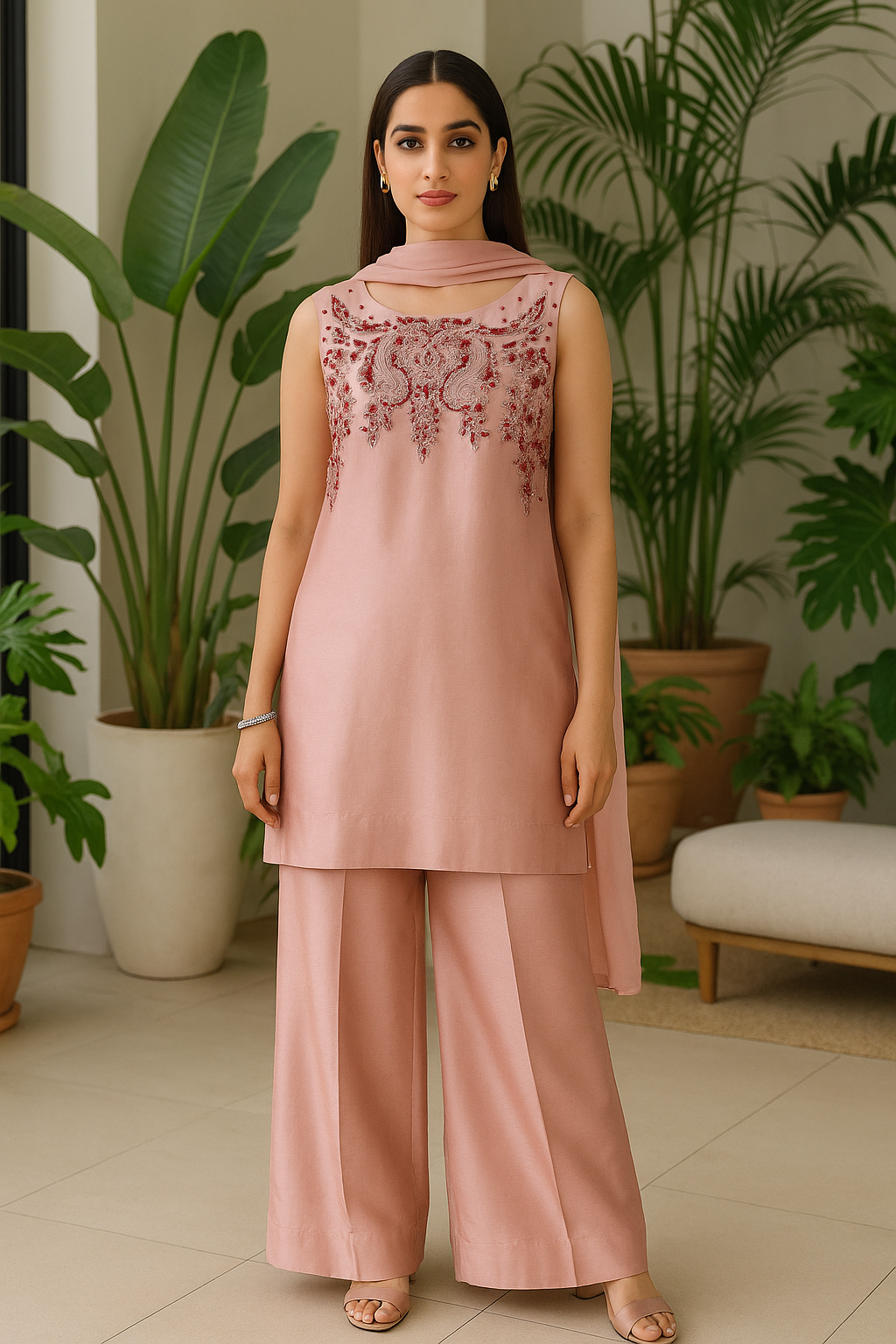 Pastel pink hand embroidered 3 piece