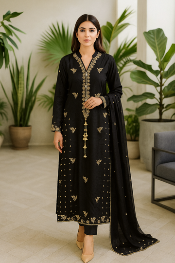 Black hand embroidered 3 piece