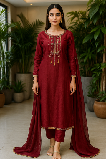 Maroon hand embroidered 3 piece