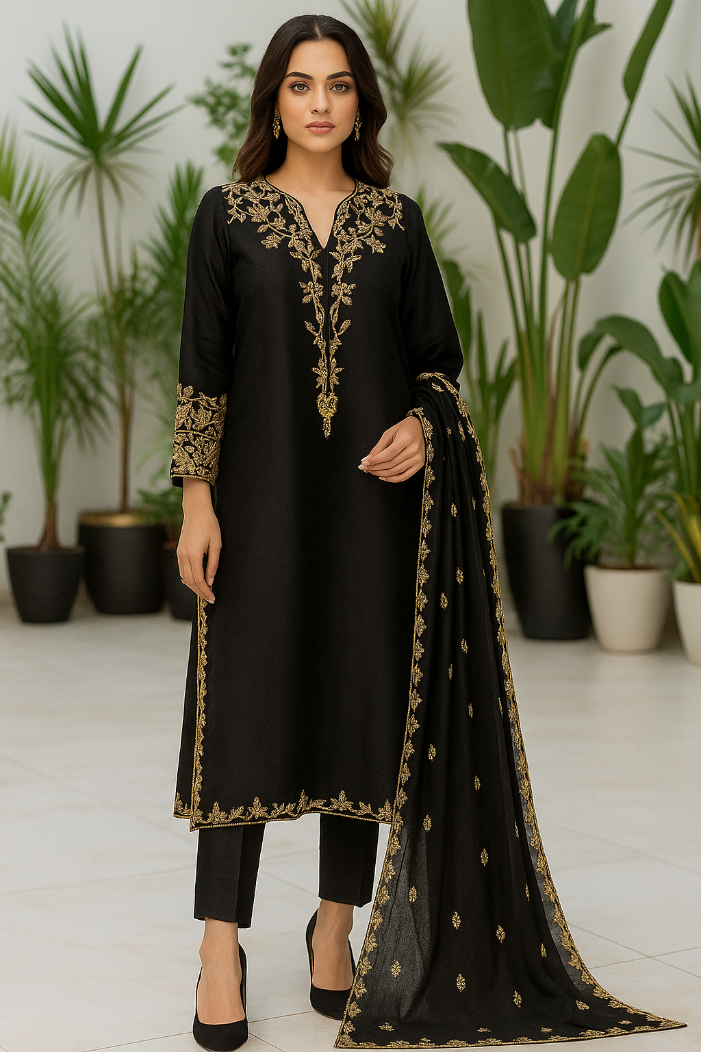 Black hand embroidered 3 piece