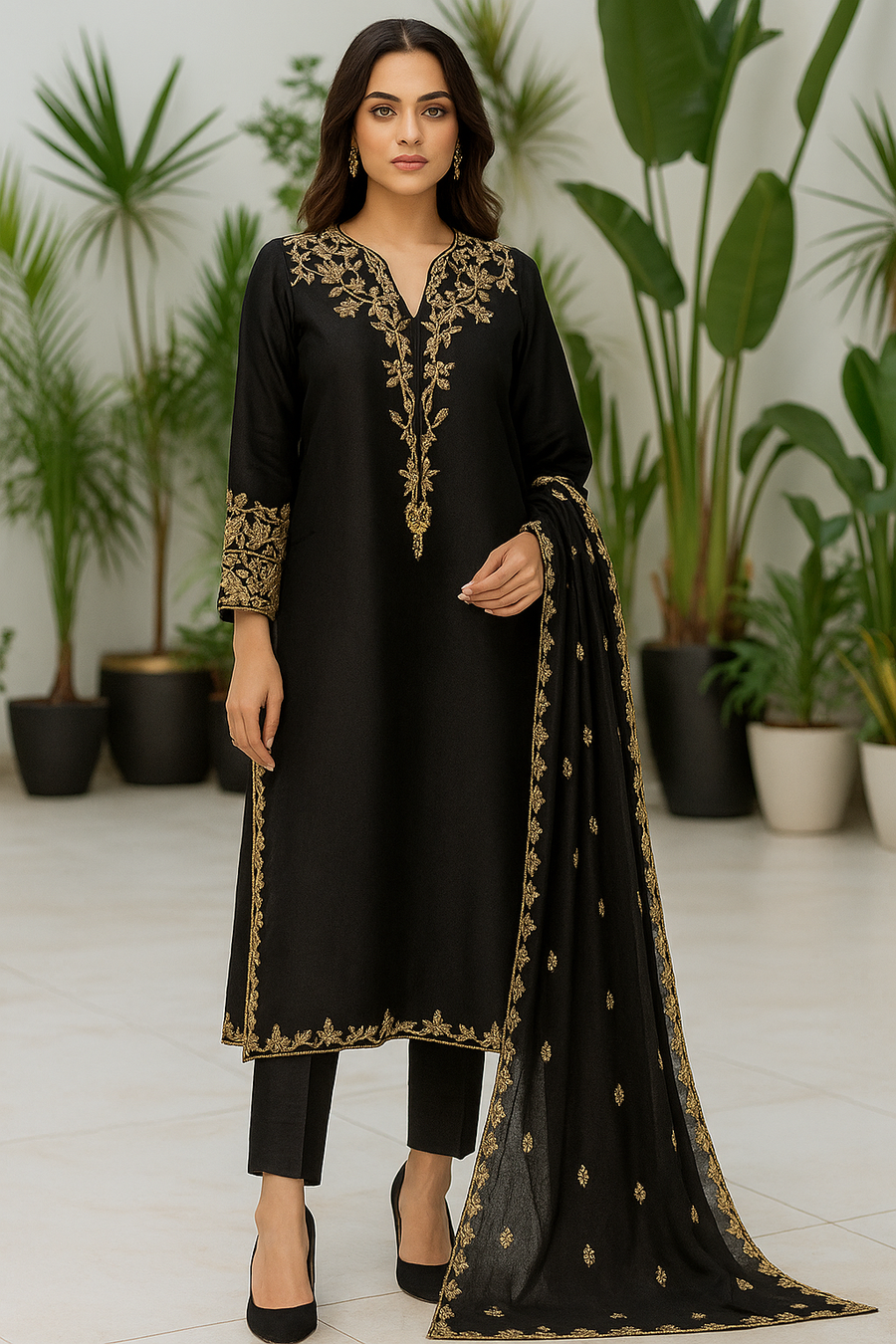 Black hand embroidered 3 piece