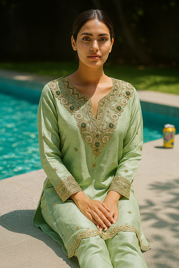 Pistachio green hand embroidered 2 piece