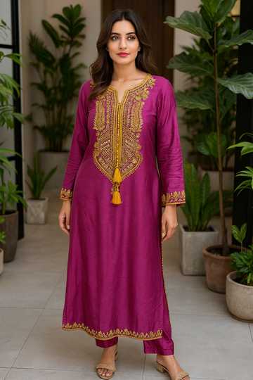 Fuscia pink embroidered 2 piece